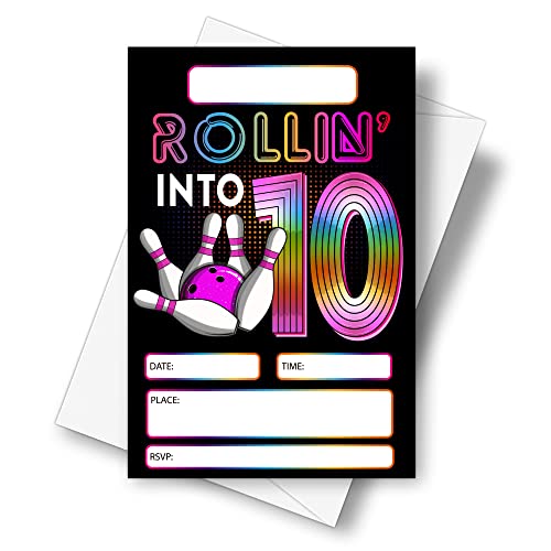 DETIHO 4" x 6" Bowling 10th Birthday Party Invitation Cards With Envelopes - Rolling Into 10 - Retro Bowling Party Invitation - 20 Sets - E62 - Image 1