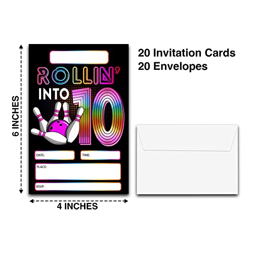 DETIHO 4" x 6" Bowling 10th Birthday Party Invitation Cards With Envelopes - Rolling Into 10 - Retro Bowling Party Invitation - 20 Sets - E62 - Image 2