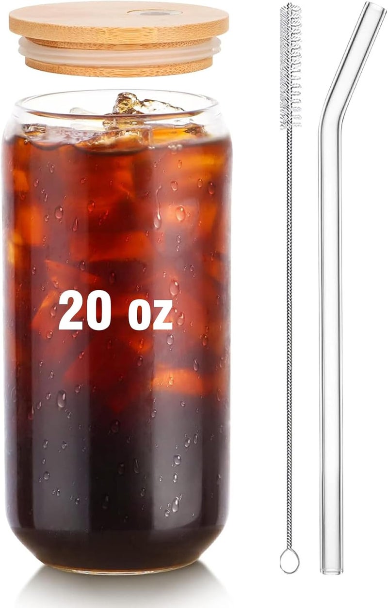 DAMCONME Glass Cups with Lids and Straws 1Pack,Glass Coffee Cups with Lid, Smoothie Cup,Beer Glasses,Cocktail Glasses for Whiskey,Soda-20 Oz Glass Tumbler with Straw,1 Brush - Image 1
