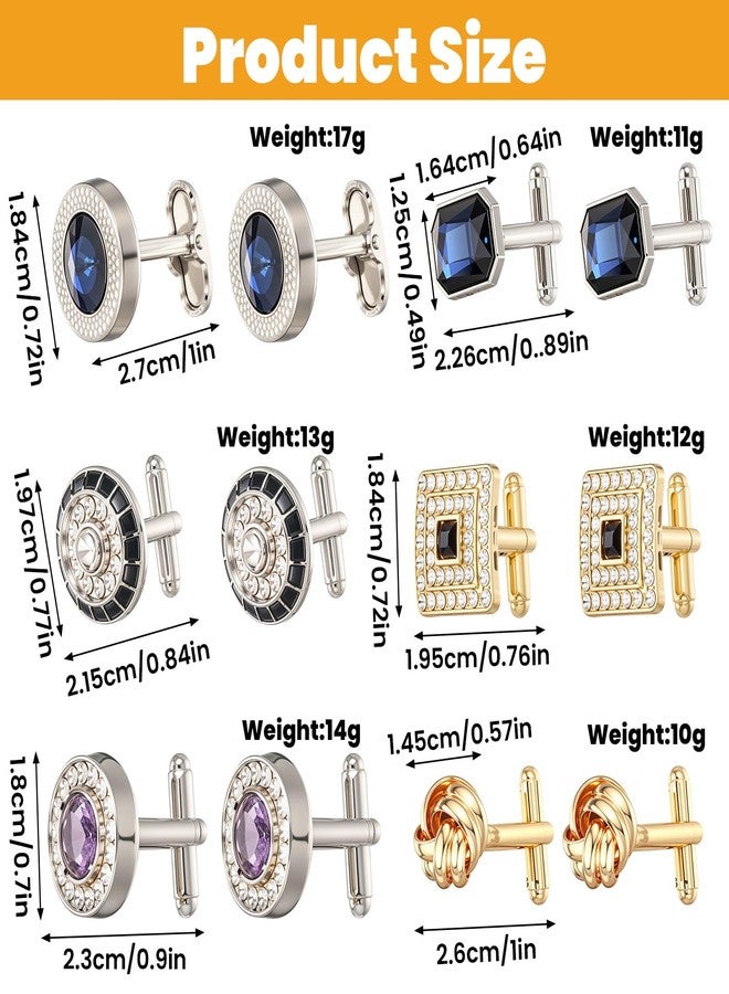 COMNICO 6 Pairs Cufflinks for Men Gorgeous Diamond Crystal Cufflinks Fashion Classic Tone Cuff Links Round Square Rectangle Cuff Links Shirt Studs Formal Business Wedding Gifts for Men - Image 2