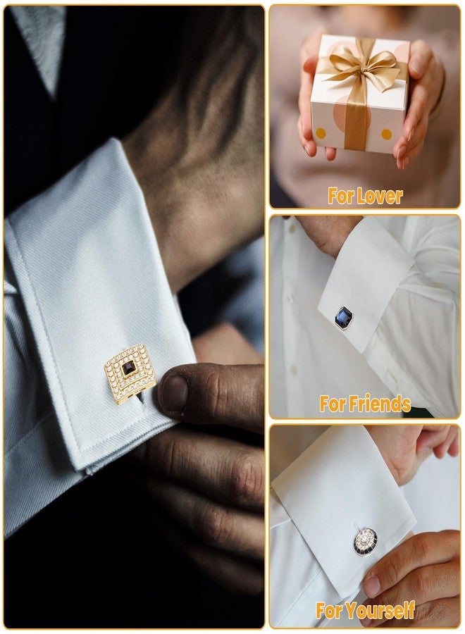 COMNICO 6 Pairs Cufflinks for Men Gorgeous Diamond Crystal Cufflinks Fashion Classic Tone Cuff Links Round Square Rectangle Cuff Links Shirt Studs Formal Business Wedding Gifts for Men - Image 3