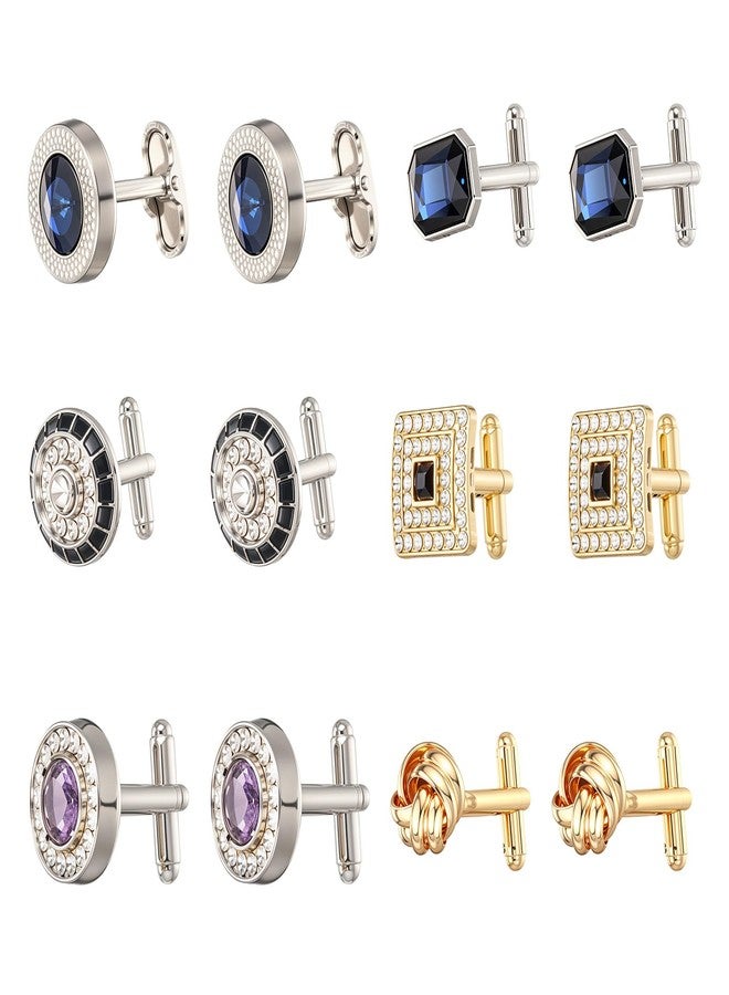 COMNICO 6 Pairs Cufflinks for Men Gorgeous Diamond Crystal Cufflinks Fashion Classic Tone Cuff Links Round Square Rectangle Cuff Links Shirt Studs Formal Business Wedding Gifts for Men - Image 1