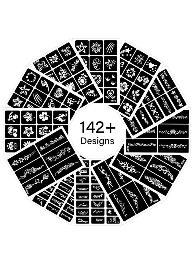 Reusable Henna Tattoo Stencil Kit 12 Sheets Black PVC Temporary Face and Body Art Stencils for Adults and Kids - Image 1