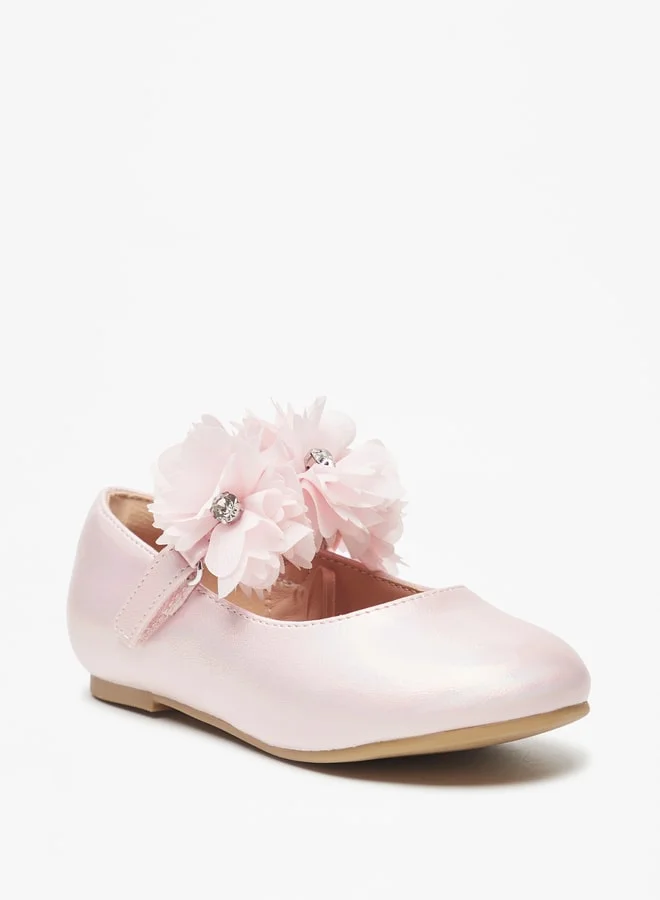 جونيورز Girls Floral Accent Ballerina Shoes With Hook And Loop Closure