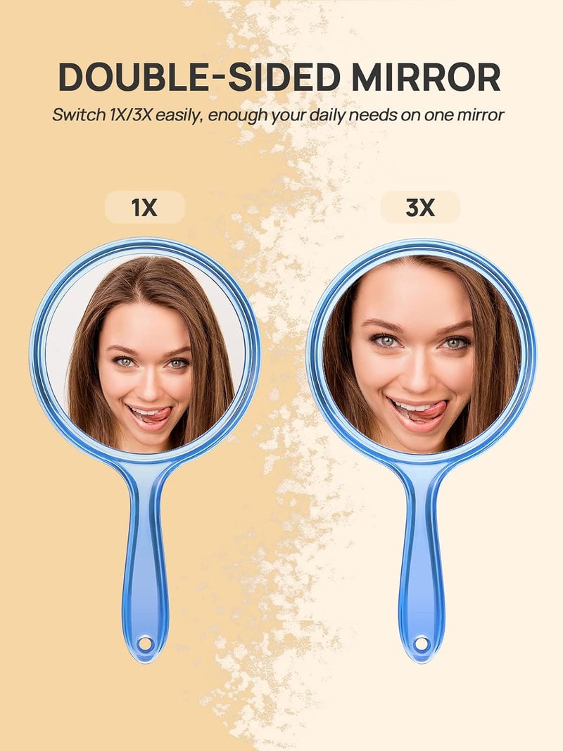 OMIRO Hand Mirror, Double-Sided Handheld Mirror 1X/3X Magnifying Mirror with Handle, Pack of 1 (Transparent Blue) - Image 2