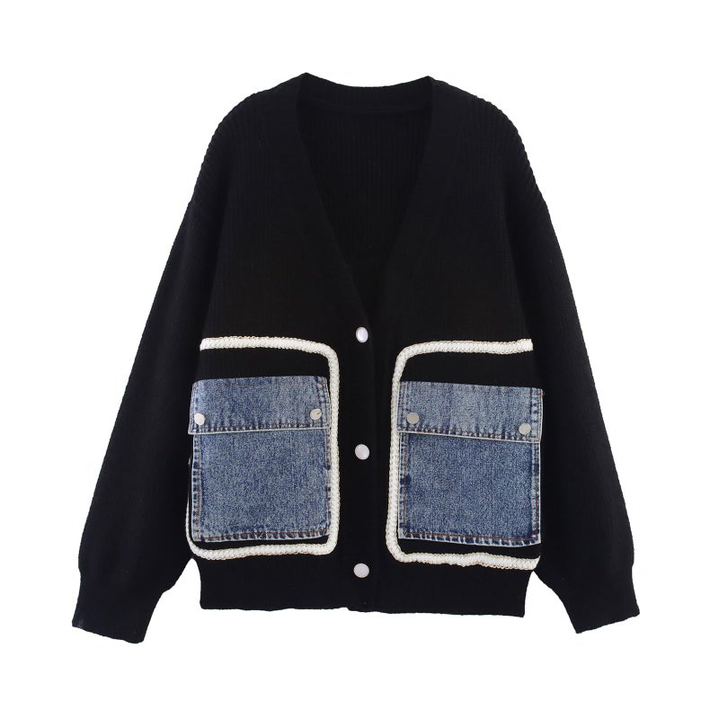 HOULENGS Women's Casual Open Front Patchwork Cardigan Sweaters Button Down V Neck Knit Sweater Jacket with Denim Pockets Black Medium - Image 1