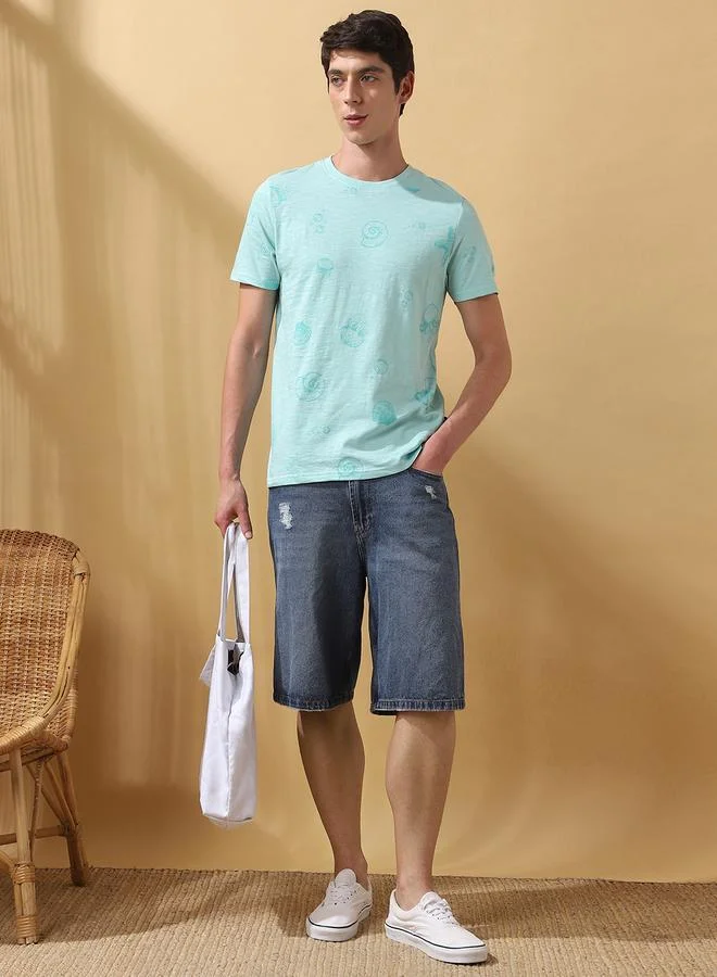 Dennis Lingo Men's Eggshell Blue 100% Cotton Printed Regular Fit T-Shirt