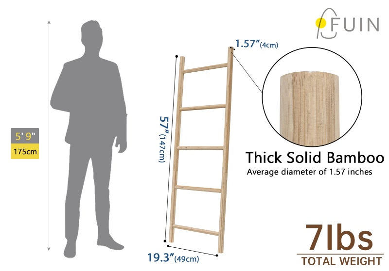 FUIN Fully Assembled 57in Bamboo Blanket Ladders Living Room Wood Decorative Wall Leaning Farmhouse Quilt Display Holder Rustic Wooden Towel Rack for Bathroom, Unfinished - Image 5