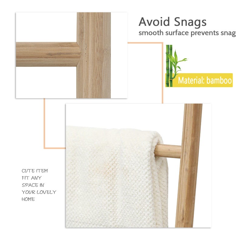 FUIN Fully Assembled 57in Bamboo Blanket Ladders Living Room Wood Decorative Wall Leaning Farmhouse Quilt Display Holder Rustic Wooden Towel Rack for Bathroom, Unfinished - Image 4