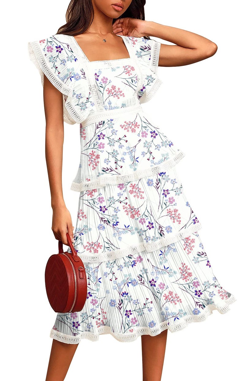 ETCYY Women's Summer Ruffle Dress Tiered Layed Chiffon Lace Short Sleeve Boho Floral Print Party Wedding Guest Maxi Dresses,Floral Club,Small - Image 1