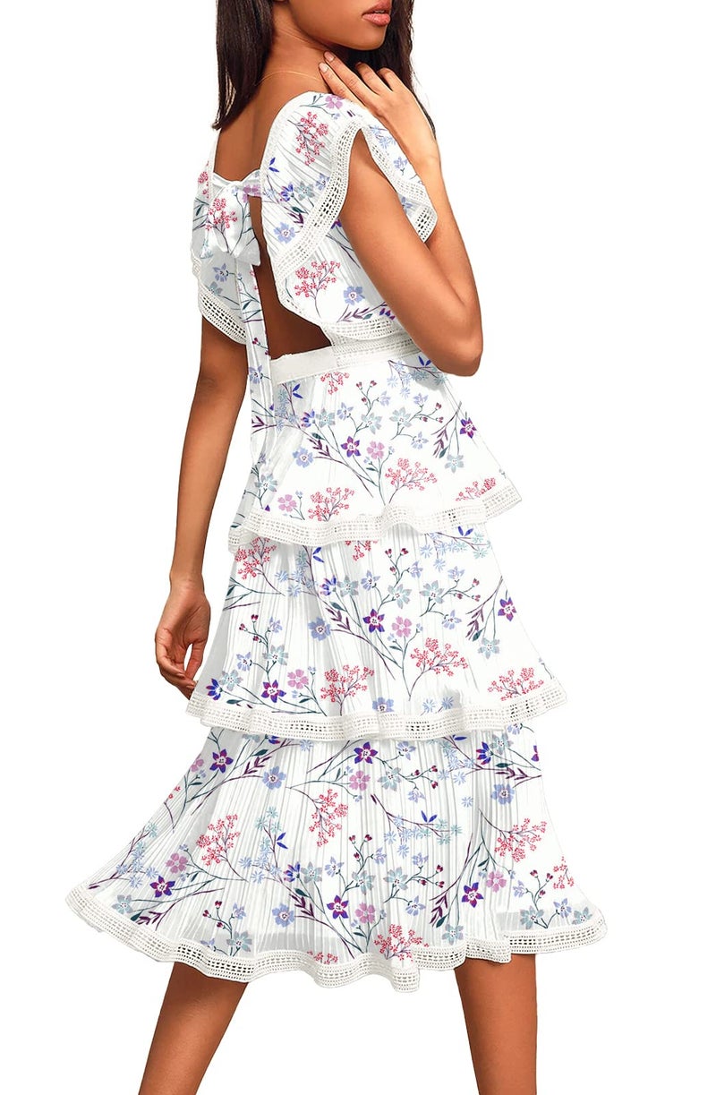 ETCYY Women's Summer Ruffle Dress Tiered Layed Chiffon Lace Short Sleeve Boho Floral Print Party Wedding Guest Maxi Dresses,Floral Club,Small - Image 2