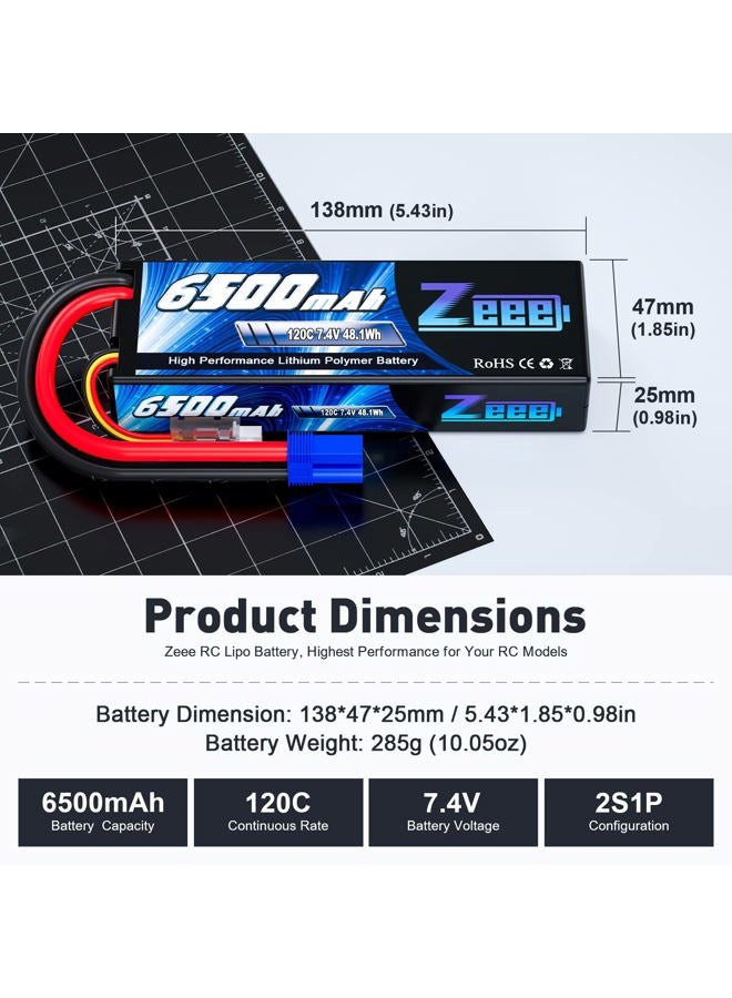 Zeee بطارية ليثيوم بوليمر 2S سعة 6500mAh 7.4V 120C علبة صلبة لسيارات التحكم عن بعد مع موصل EC5 لمركبات التحكم عن بعد شاحنة دبابة ترجي بوابة سباق نماذج الهوايات (عبوة 2) - Image 2