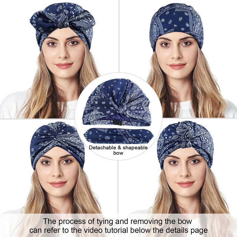 Ababalaya Satin Lined Beanies for Women Chemo Headwear Silky Lined Cotton Sleeping Cap (1, Navy Blue) - Image 4