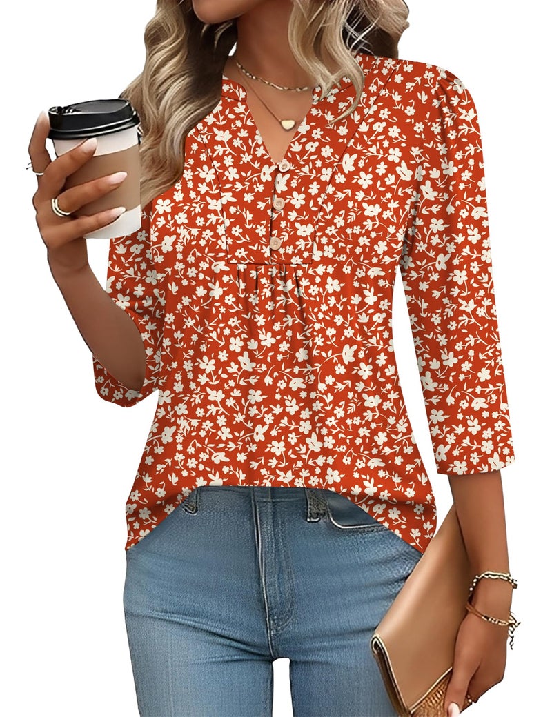 IECCP Spring Tops for Women Business Casual Henley V-Neck Work Blouses Dressy Pleated Tunics Summer Tops Soft Basic Tees (Red Fragments Floral,L) - Image 1