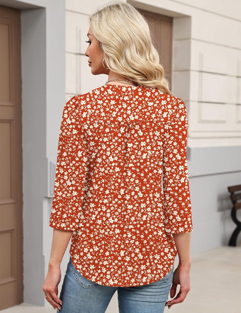 IECCP Spring Tops for Women Business Casual Henley V-Neck Work Blouses Dressy Pleated Tunics Summer Tops Soft Basic Tees (Red Fragments Floral,L) - Image 5