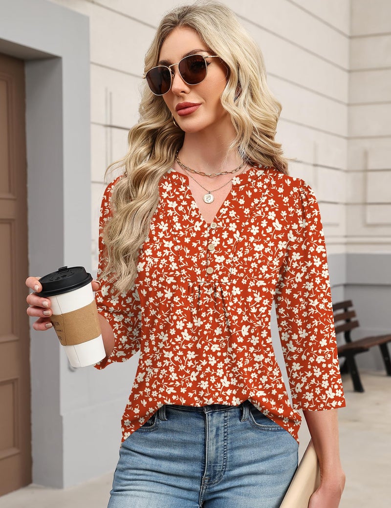 IECCP Spring Tops for Women Business Casual Henley V-Neck Work Blouses Dressy Pleated Tunics Summer Tops Soft Basic Tees (Red Fragments Floral,L) - Image 4