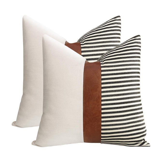 20X20 PILLOW COVERS SET OF 2 FARMHOUSE DECOR STRIPE PATCHWORK LINEN THROW PILLOW COVERS MODERN FAUX LEATHER COVERS FOR COUCH SOFABLACK