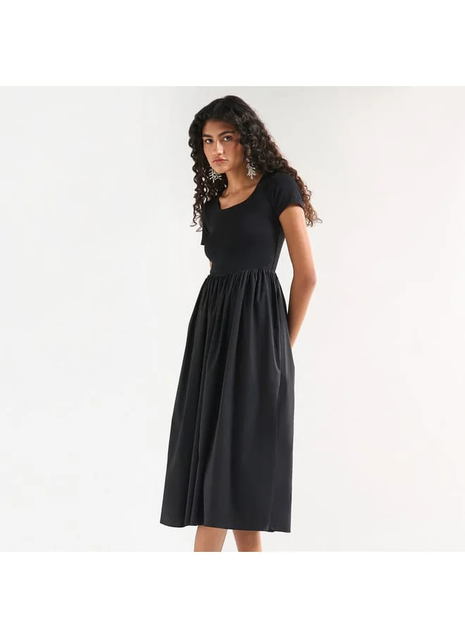 FAV Solid Midi A-line Dress with Short Sleeves and Pocket