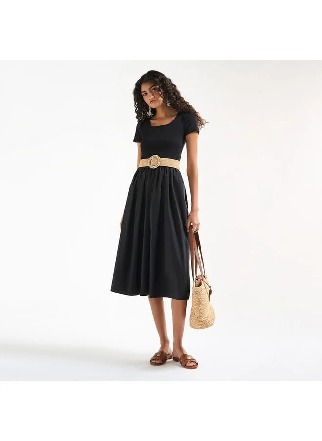 FAV Solid Midi A-line Dress with Short Sleeves and Pocket