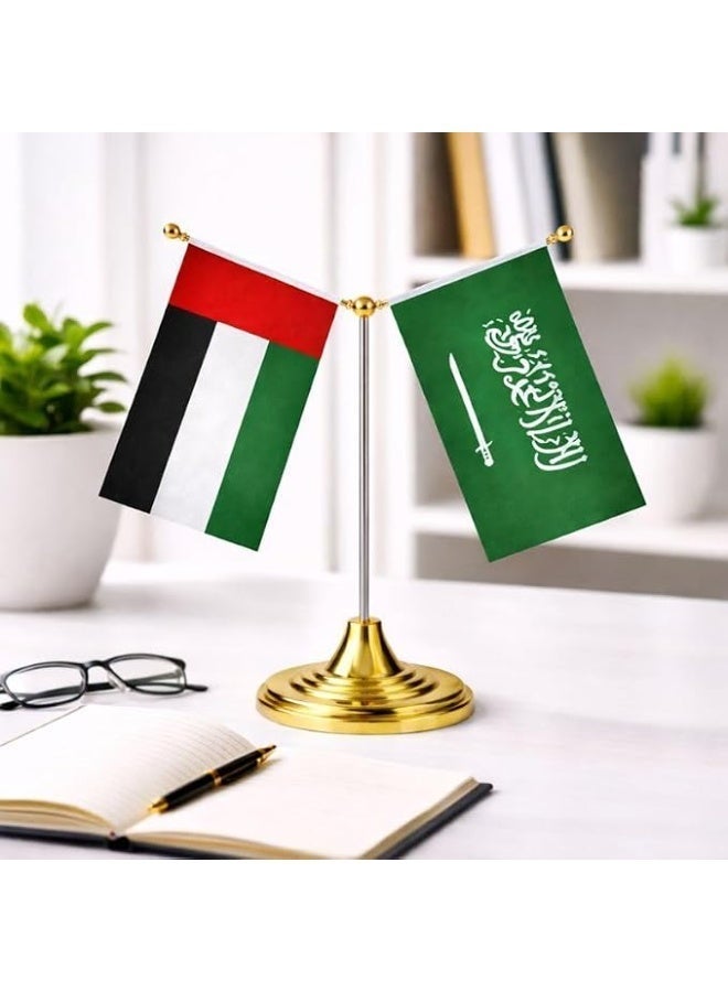 علم الإمارات والسعودية مزدوج للطاولة مع قاعدة معدنية ذهبية، أعلام مكتبية مقاس A5 للمكتب والمنزل والمناسبات واليوم الوطني - Image 2