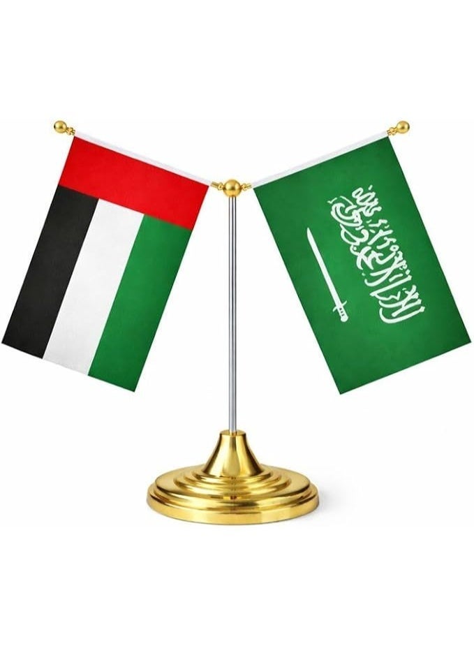 علم الإمارات والسعودية مزدوج للطاولة مع قاعدة معدنية ذهبية، أعلام مكتبية مقاس A5 للمكتب والمنزل والمناسبات واليوم الوطني - Image 1