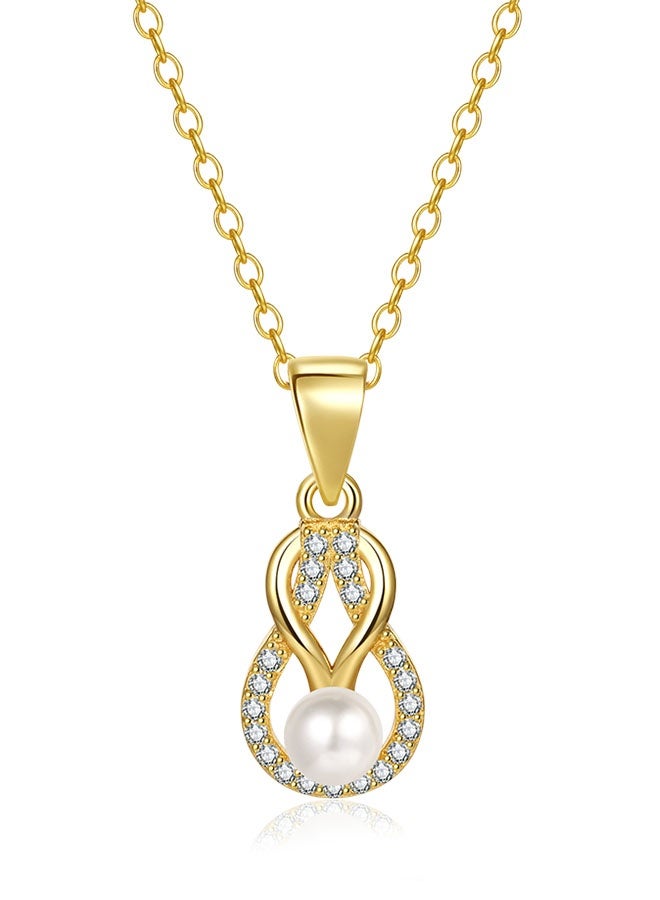 Moonmory 18K Gold Plated 925 Sterling Silver Double Knot Pearl Pendant Necklace For Women With 50cm Adjustable Chain Fine Jewelry Best Gift for Ramadan Mother’s Day Valentine - Image 1