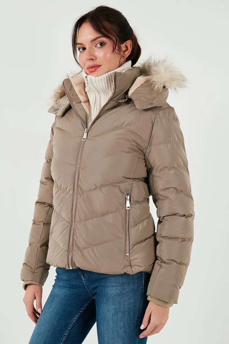 Lela Regular Fit Detachable Hooded Zippered Pocket Puffer Jacket Women's Jacket 497DINA