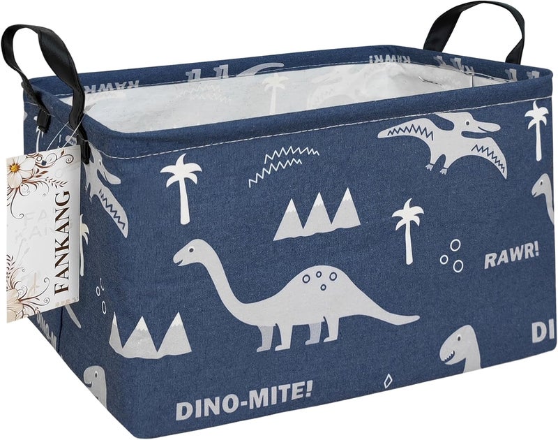 FANKANG Storage Bins, Nursery Hamper Canvas Laundry Basket Foldable with Waterproof PE Coating Large Storage Baskets for Kids Boys and Girls, Office, Bedroom, Clothes,Toys(Rec-Blue dinosaur） - Image 1