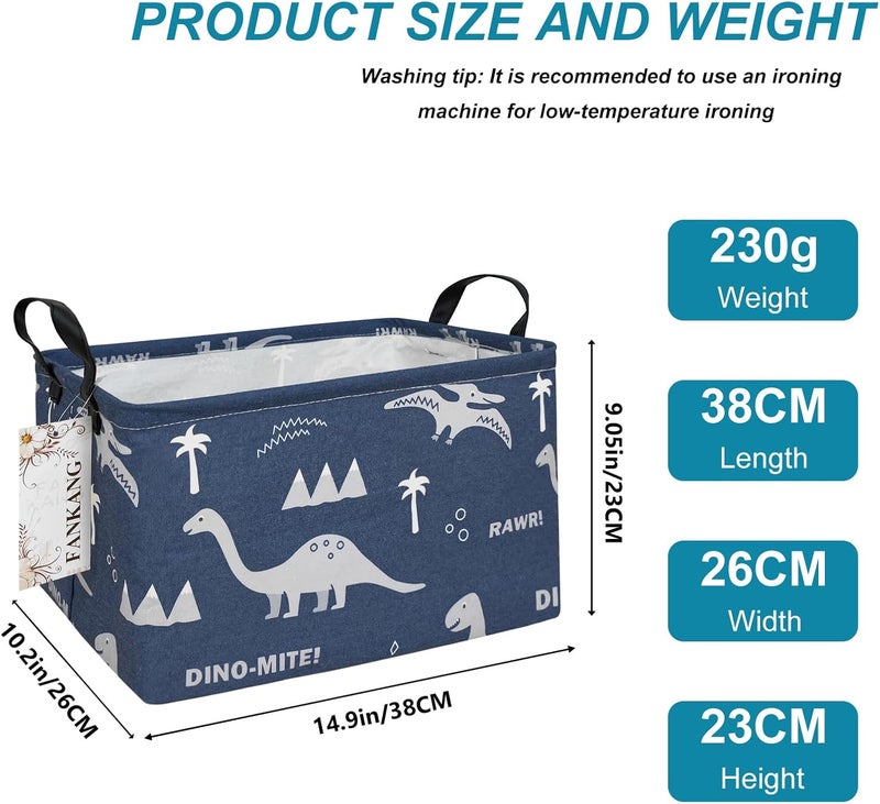 FANKANG Storage Bins, Nursery Hamper Canvas Laundry Basket Foldable with Waterproof PE Coating Large Storage Baskets for Kids Boys and Girls, Office, Bedroom, Clothes,Toys(Rec-Blue dinosaur） - Image 2