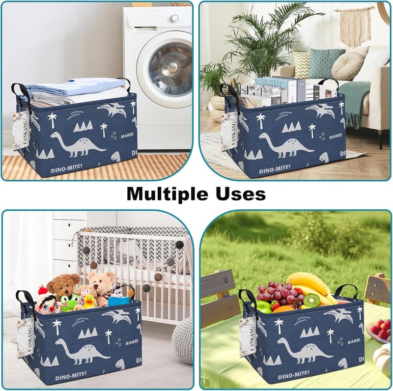 FANKANG Storage Bins, Nursery Hamper Canvas Laundry Basket Foldable with Waterproof PE Coating Large Storage Baskets for Kids Boys and Girls, Office, Bedroom, Clothes,Toys(Rec-Blue dinosaur） - Image 3