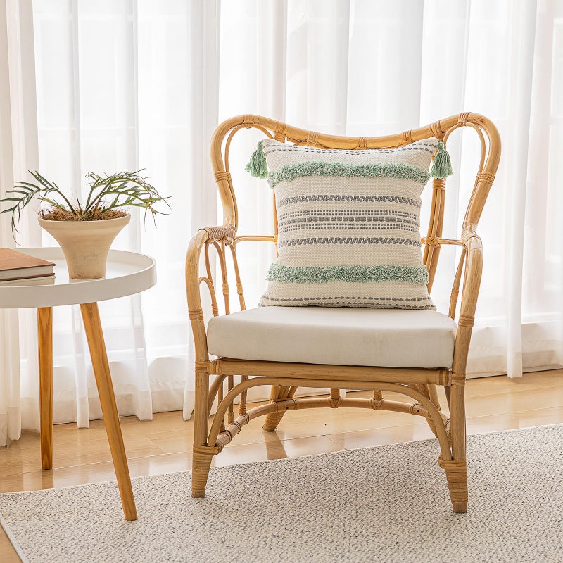 BUIOVBEY Boho Throw Pillow Covers 18x18 Set of 2 Woven Tufted Farmhouse Pillows Cover with Tassels Textured Striped Cushion Case Neutral Pillow Cases Decorative Pillowcase for Couch  Bed  Light Green - Image 4