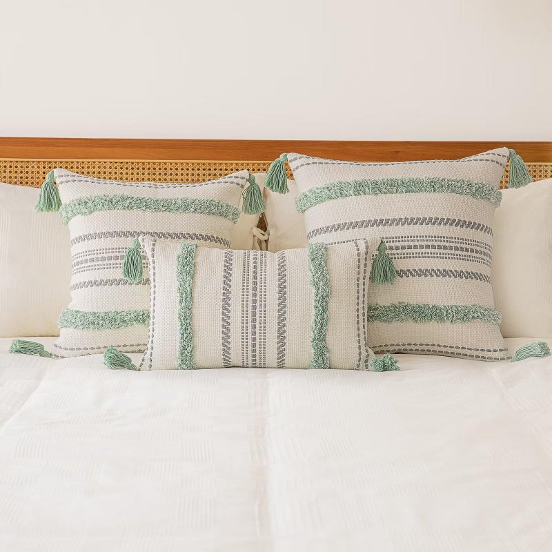 BUIOVBEY Boho Throw Pillow Covers 18x18 Set of 2 Woven Tufted Farmhouse Pillows Cover with Tassels Textured Striped Cushion Case Neutral Pillow Cases Decorative Pillowcase for Couch  Bed  Light Green - Image 5