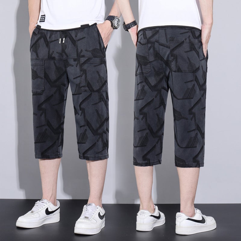 Geometric Mens Cropped Pants Stretchy All-match Trendy Jacquard Six Pocket Soft plus size Casual Shorts Mens 6008 gray [three points] 