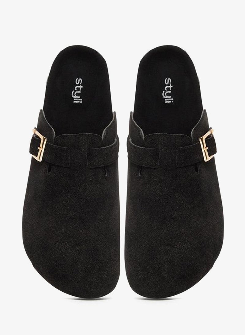 Styli Men Black Suede Comfort Mules with Buckle - Image 5