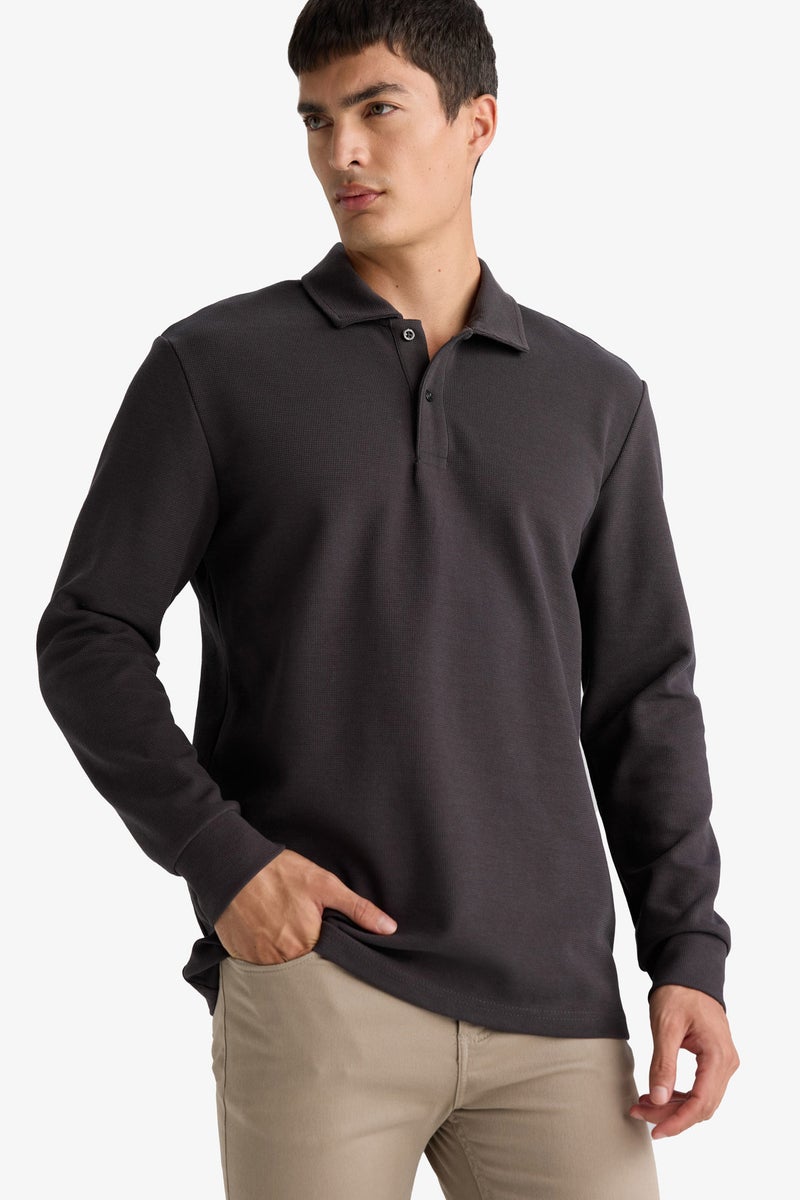 DeFacto Grey Man Regular Fit Polo Collar Long Sleeve Sweatshirt Casual - Image 1