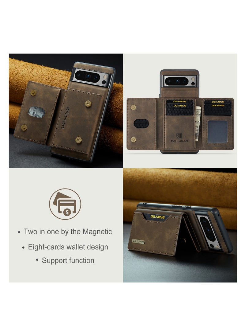 Wallet Case for Google Pixel 8 Pro, DG.MING Premium Leather Phone Case Back Cover Magnetic Detachable with Trifold Wallet Card Holder Pocket (Brown)