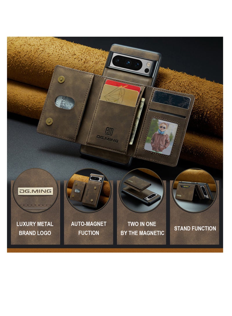 DGMING Wallet Case for Google Pixel 8 Pro, DG.MING Premium Leather Phone Case Back Cover Magnetic Detachable with Trifold Wallet Card Holder Pocket (Brown)  - Image 4