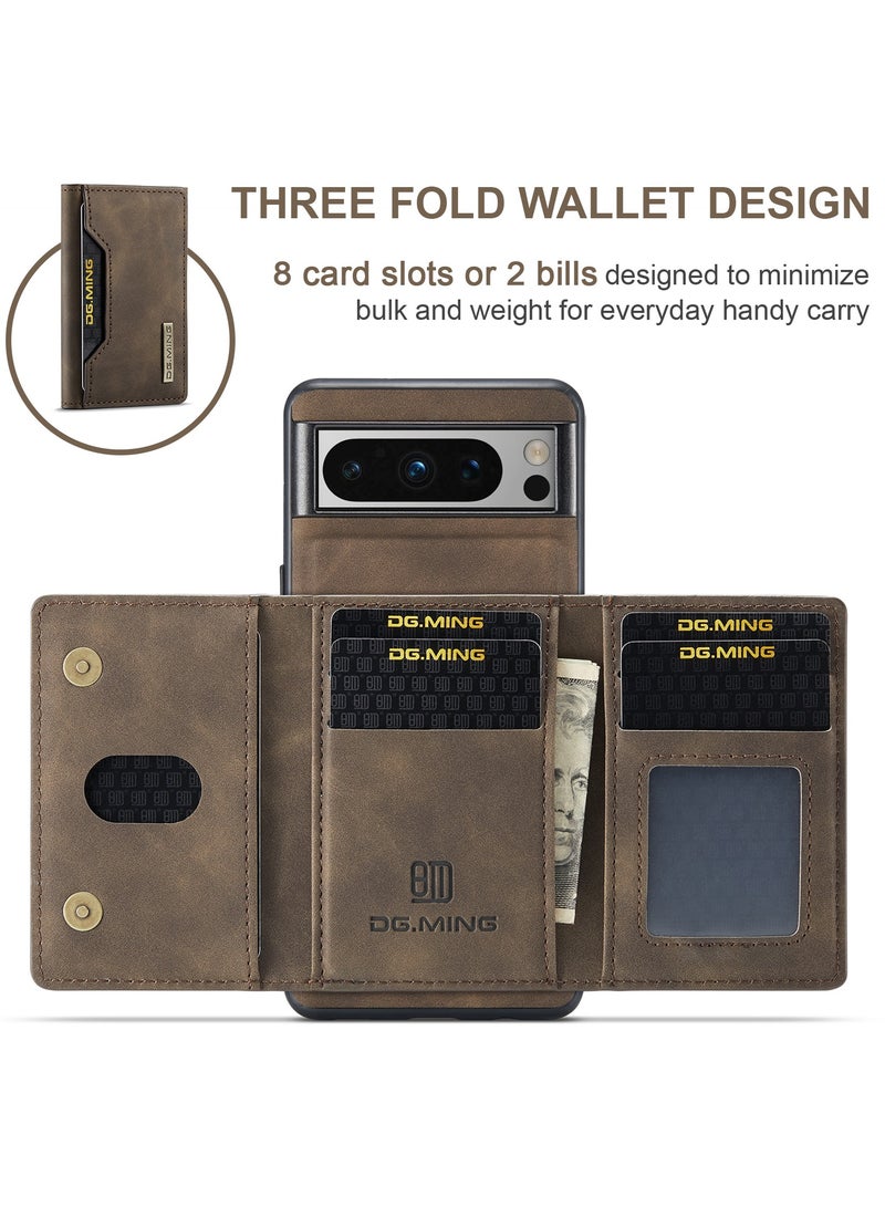 Wallet Case for Google Pixel 8 Pro, DG.MING Premium Leather Phone Case Back Cover Magnetic Detachable with Trifold Wallet Card Holder Pocket (Brown)
