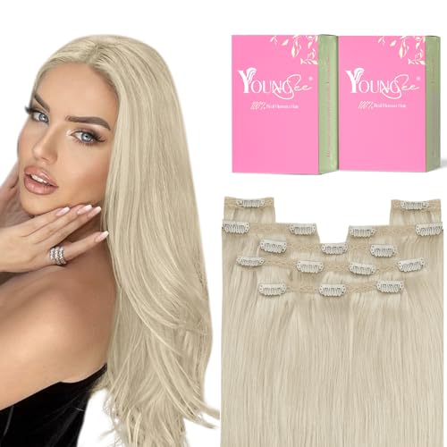 YoungSee Clip in Hair Extensions Real Human Hair Blonde Hair Extensions Clip ins Platinum Blonde Thick End Full Head Blond Real Human Hair Extensions Clip ins 7Pcs 120G 16Inch - Image 1
