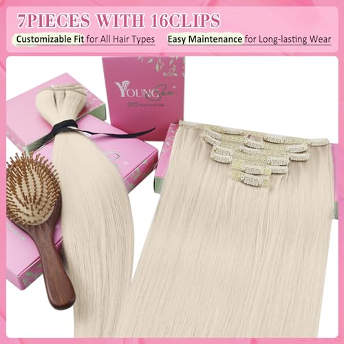 YoungSee Clip in Hair Extensions Real Human Hair Blonde Hair Extensions Clip ins Platinum Blonde Thick End Full Head Blond Real Human Hair Extensions Clip ins 7Pcs 120G 16Inch - Image 4