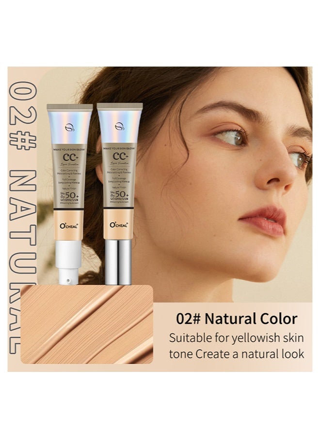 OCHEAL Color Gorrecting Moisturizing & Flawess, Full Coverage Long Lasting Makeup,Natural Finish,Foundation Anti-Redness, Face Cream, Skin Tone Adjusting CC Cream,SPF50+U UVA/UVB Whitening Sunscreen #02Natural - Image 2
