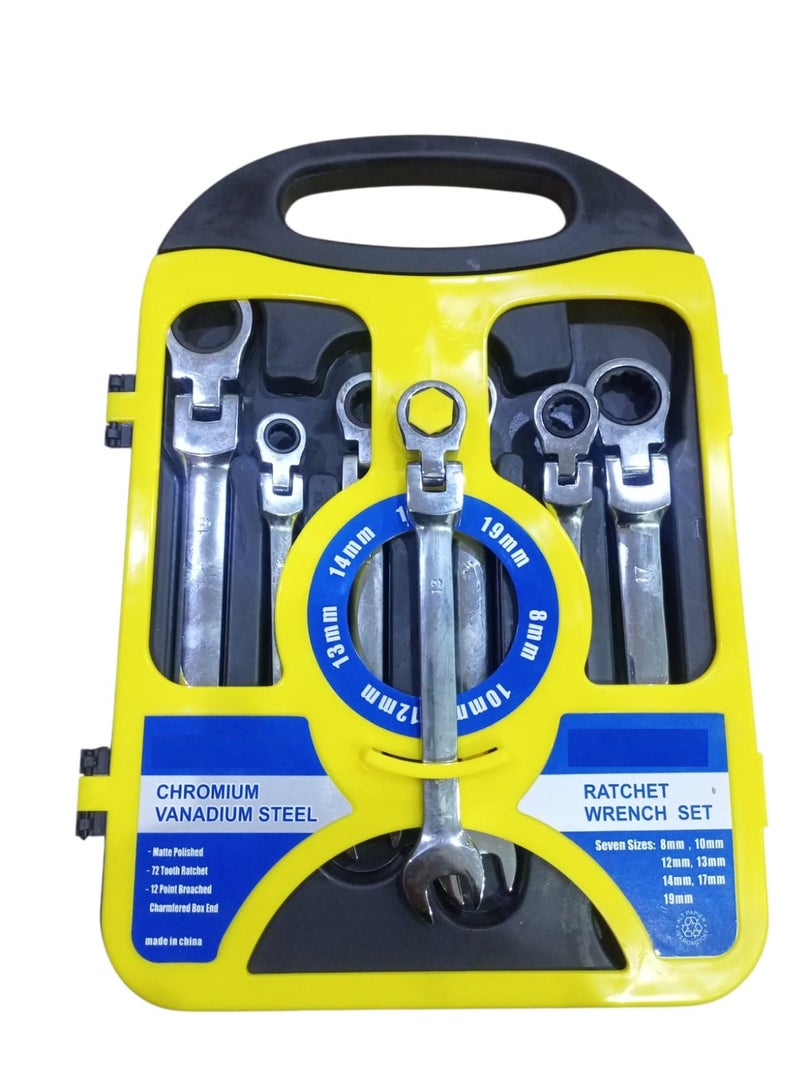 طقم مفاتيح راتشيت احترافي 7 قطع من الصلب كروم فاناديوم – مقاسات 8 إلى 19 مم – موديل 10005339 - Image 1