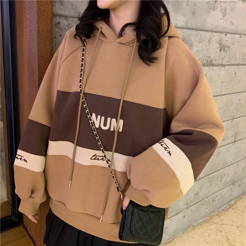 Chubby Girl fleece-lined thickened hooded sweater womens clothing autumn and winter students Korean style loose coat ins fashion Brown  - Image 1