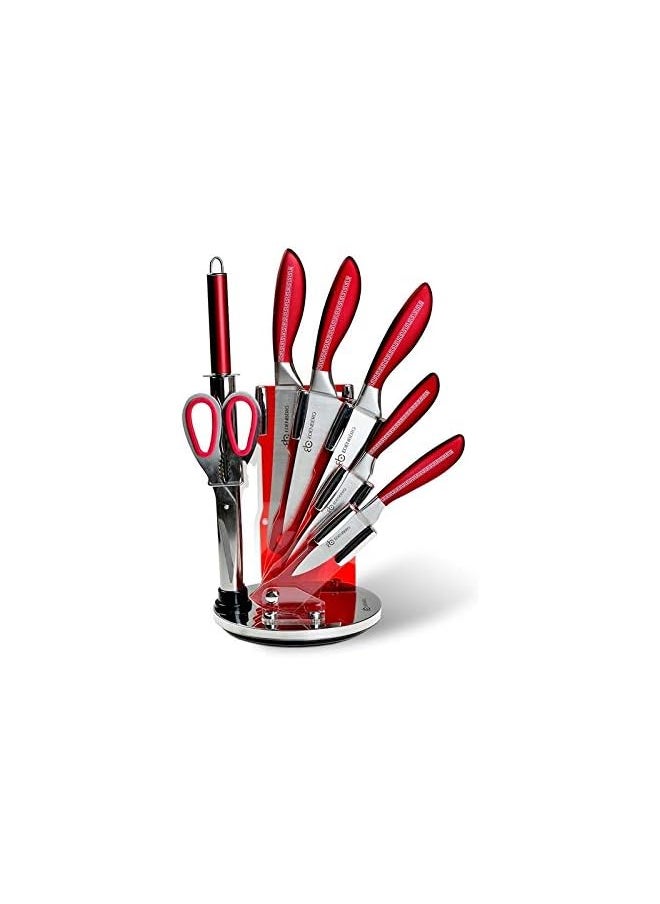 vesus Kitchen Knife Set | Professional Kitchen Knives, Shears & Rotary Stand | High Carbon Steel Blade Knife | Multipurpose Sharp Edge Cooking & Cutting Knives- 8 Pieces Set (Silver Red)  - Image 1