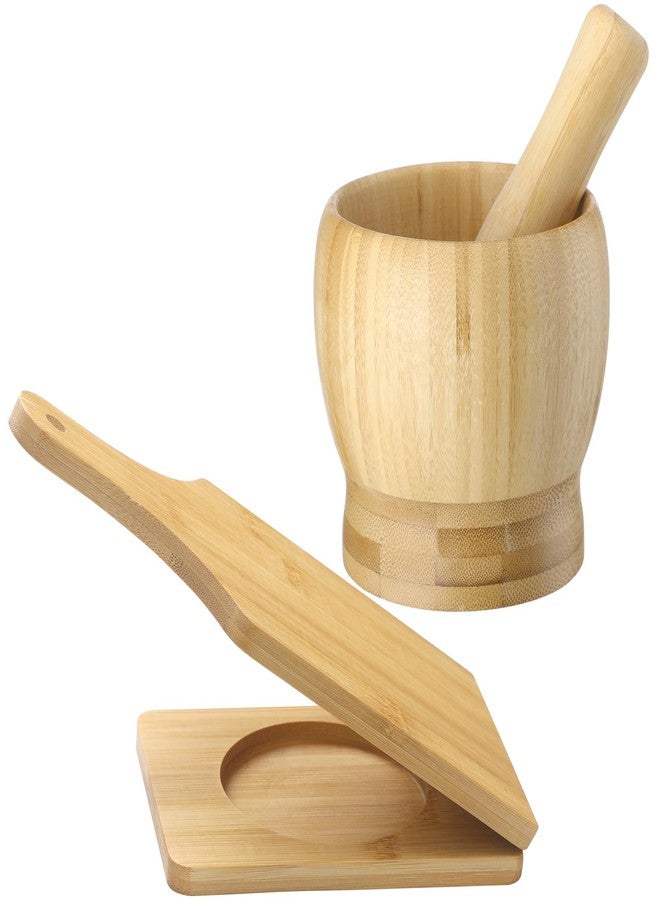 Lineshading 2 Kitchen Tools, Jumbo Bamboo Mortar and Pestle Set Wood Tostonera Tostones Plantain Press Natural Plantain Smasher Guacamole Bowl Fried Banana Pepper Press Mincer Grinder Chopper Crusher - Image 1