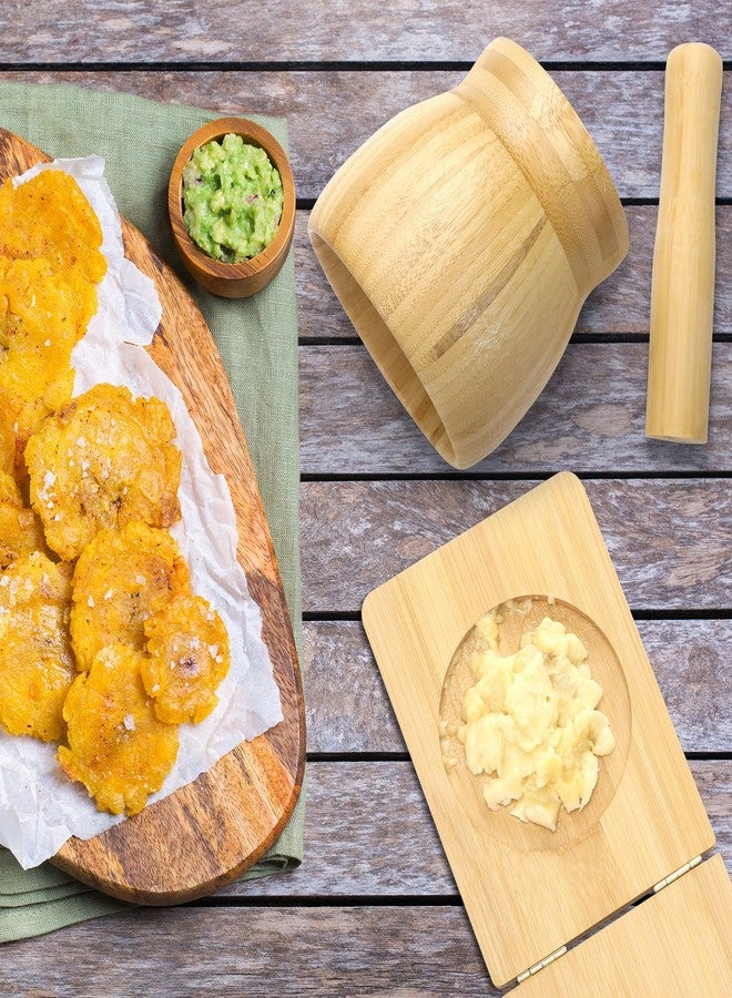 Lineshading 2 Kitchen Tools, Jumbo Bamboo Mortar and Pestle Set Wood Tostonera Tostones Plantain Press Natural Plantain Smasher Guacamole Bowl Fried Banana Pepper Press Mincer Grinder Chopper Crusher - Image 4