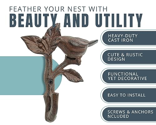 Comfify Bird On A Branch Single Wall Hook/Hanger - Metal, Heavy Duty, Rustic, Vintage, Recycled, Decorative Gift Idea - 4.75x1.8x6 - with Screws and Anchors - Rust Brown - Image 2