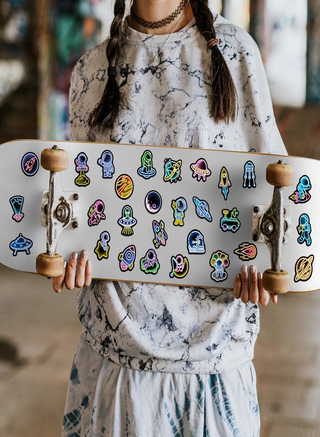 Robmoda 50 Pcs Neon Space Water Bottle Stickers for Kids, Cartoon Astronaut Planet Laptop Decals, Waterproof Vinyl Phone Case Luggage Scrapbook Guitar DIY Decor - Image 3