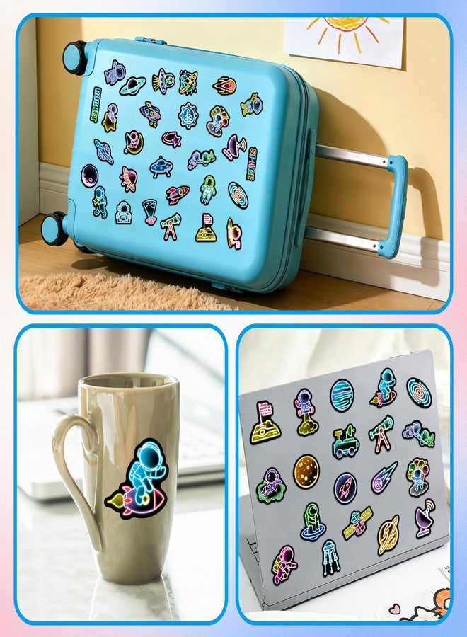 Robmoda 50 Pcs Neon Space Water Bottle Stickers for Kids, Cartoon Astronaut Planet Laptop Decals, Waterproof Vinyl Phone Case Luggage Scrapbook Guitar DIY Decor - Image 2