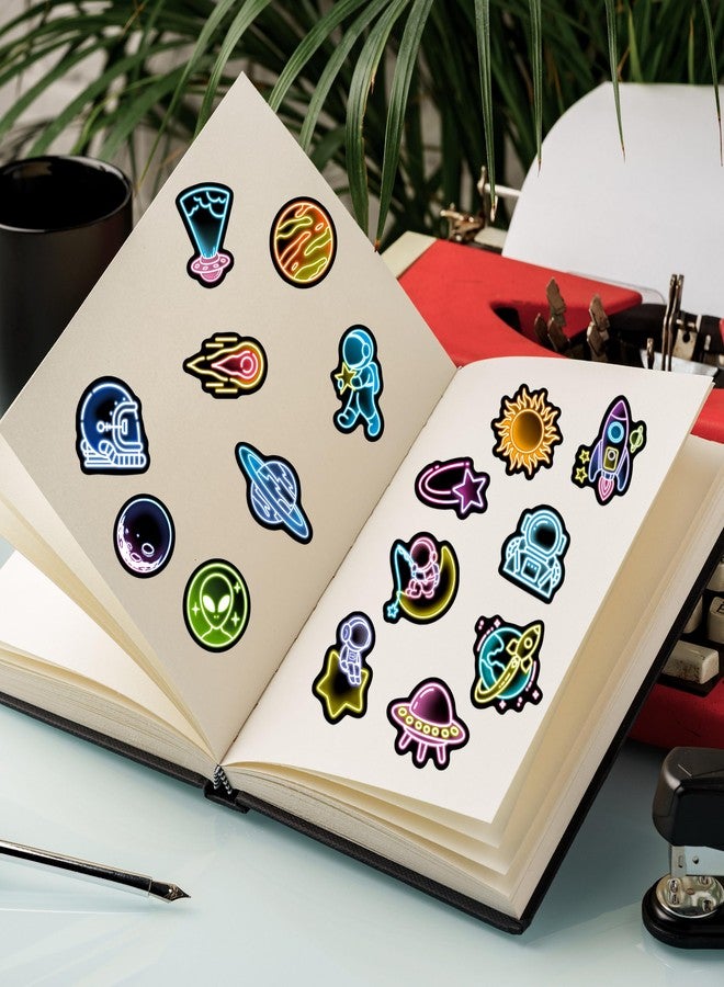 Robmoda 50 Pcs Neon Space Water Bottle Stickers for Kids, Cartoon Astronaut Planet Laptop Decals, Waterproof Vinyl Phone Case Luggage Scrapbook Guitar DIY Decor - Image 4